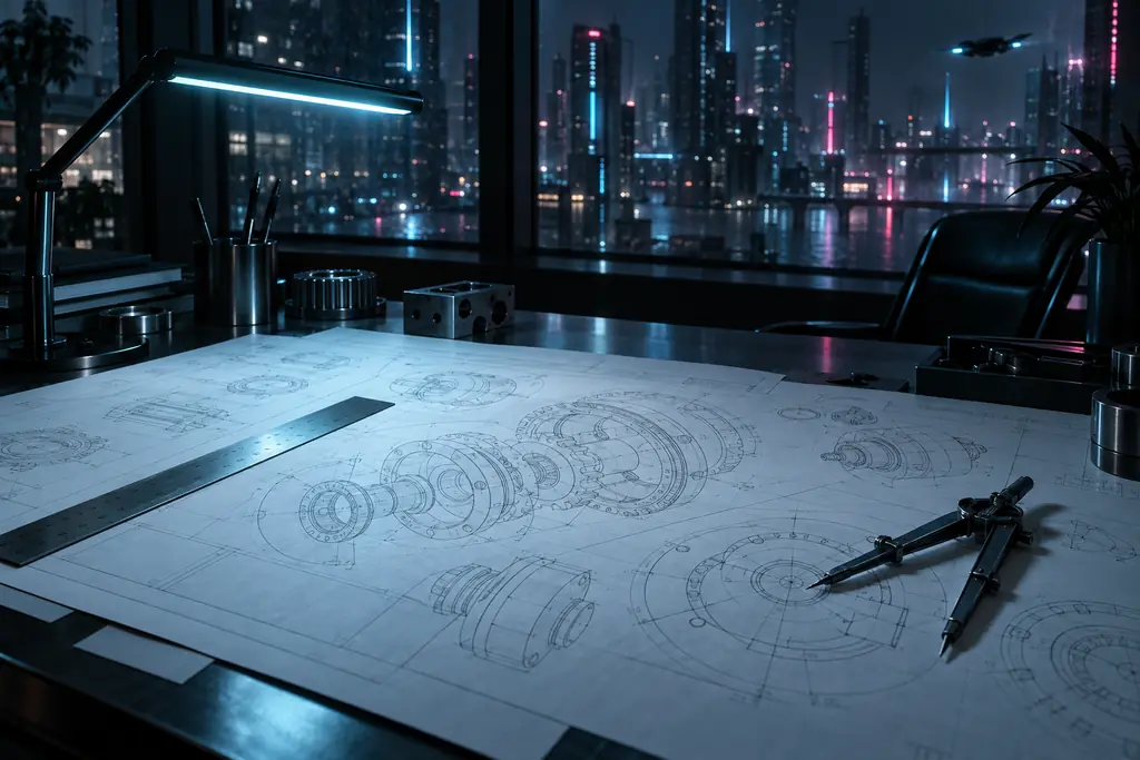 Technical drawings of mechanical parts on a desk at night.