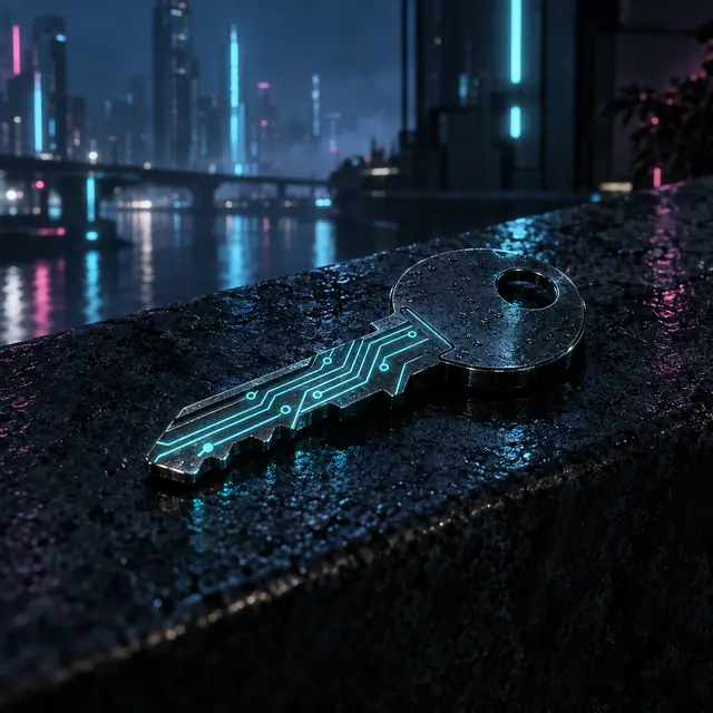 A metal key with faintly glowing engraving.
