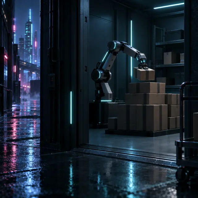 A small robotic arm stacking parcels in a quiet back room.