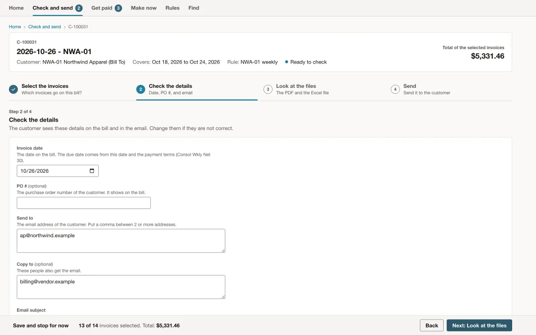 Step two of the review: invoice date, recipients and email message
