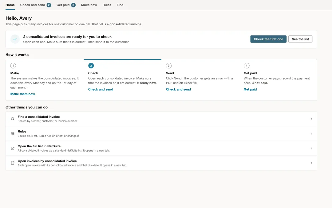 Consolidated invoicing home page with the next task and a four-step how it works guide