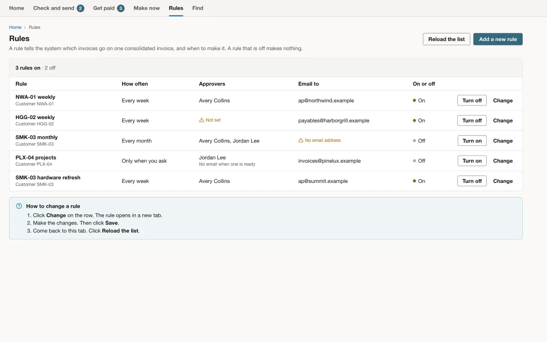 Billing rules with schedule, approvers and on or off state