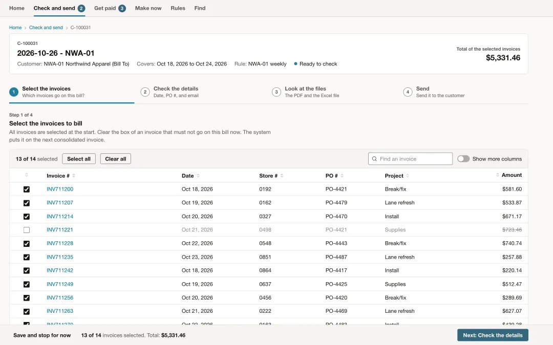 Step one of the review: a list of store invoices with checkboxes and totals