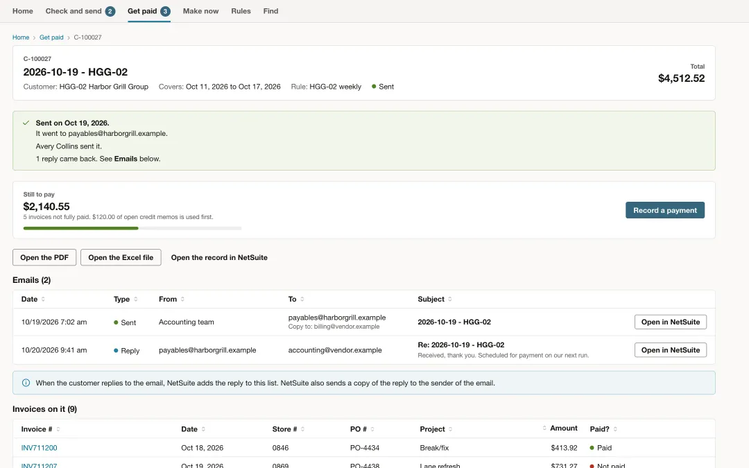 A sent consolidated invoice with payment progress and the emails sent and received