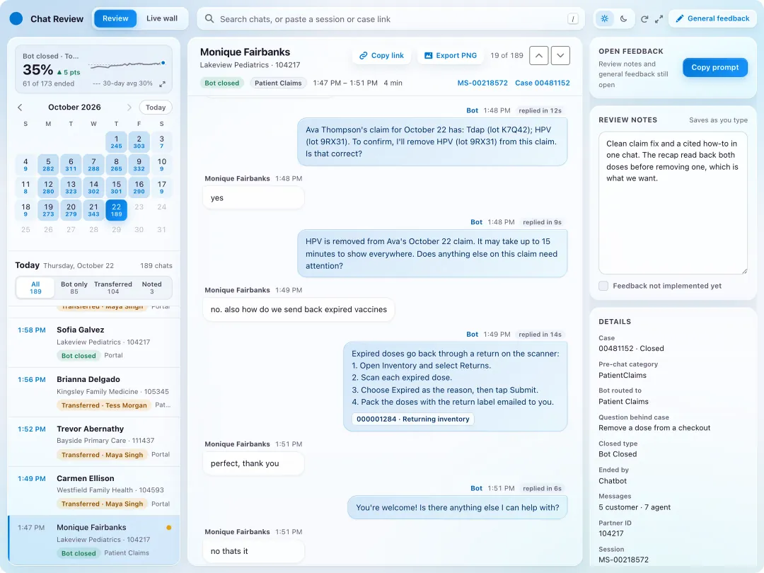 A finished chat where the agent reads back a claim, removes one dose after the customer confirms, then answers a how-to question with a cited help article.