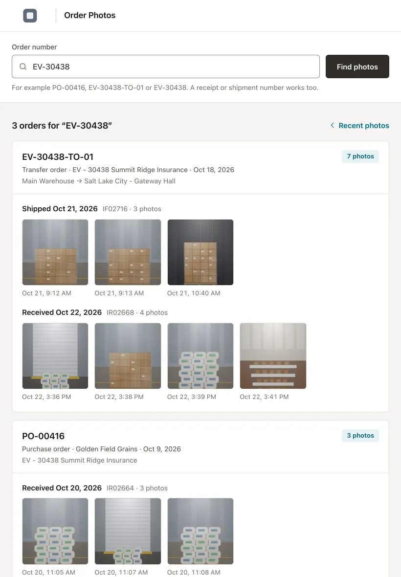 A tablet page for the warehouse: every order for one event with the photos taken when stock shipped and when it arrived.