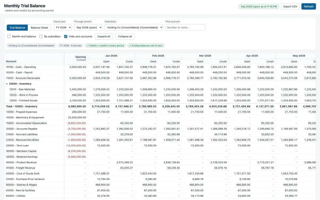 Monthly trial balance with debits and credits for every period side by side