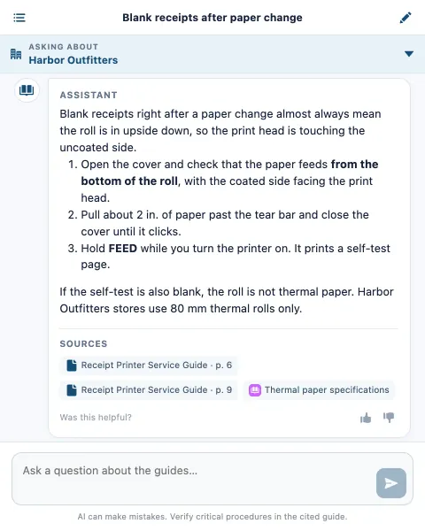 The chat panel answers a technician's receipt printer question with numbered steps and the guide pages and article it used.