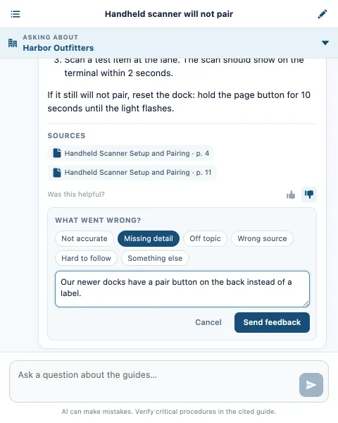 After a thumbs-down, a short form asks what went wrong.