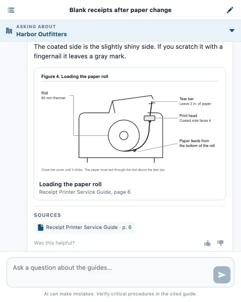 A follow-up answer that shows the matching figure from the service guide, with its caption, page and source.