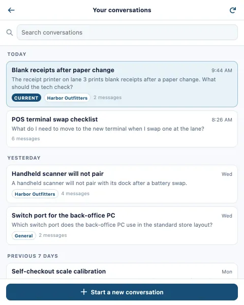 Past conversations grouped by day, each with a preview, its customer and message count.