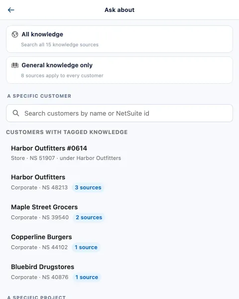 The scope picker: all knowledge, general only, or one customer or project, with source counts.