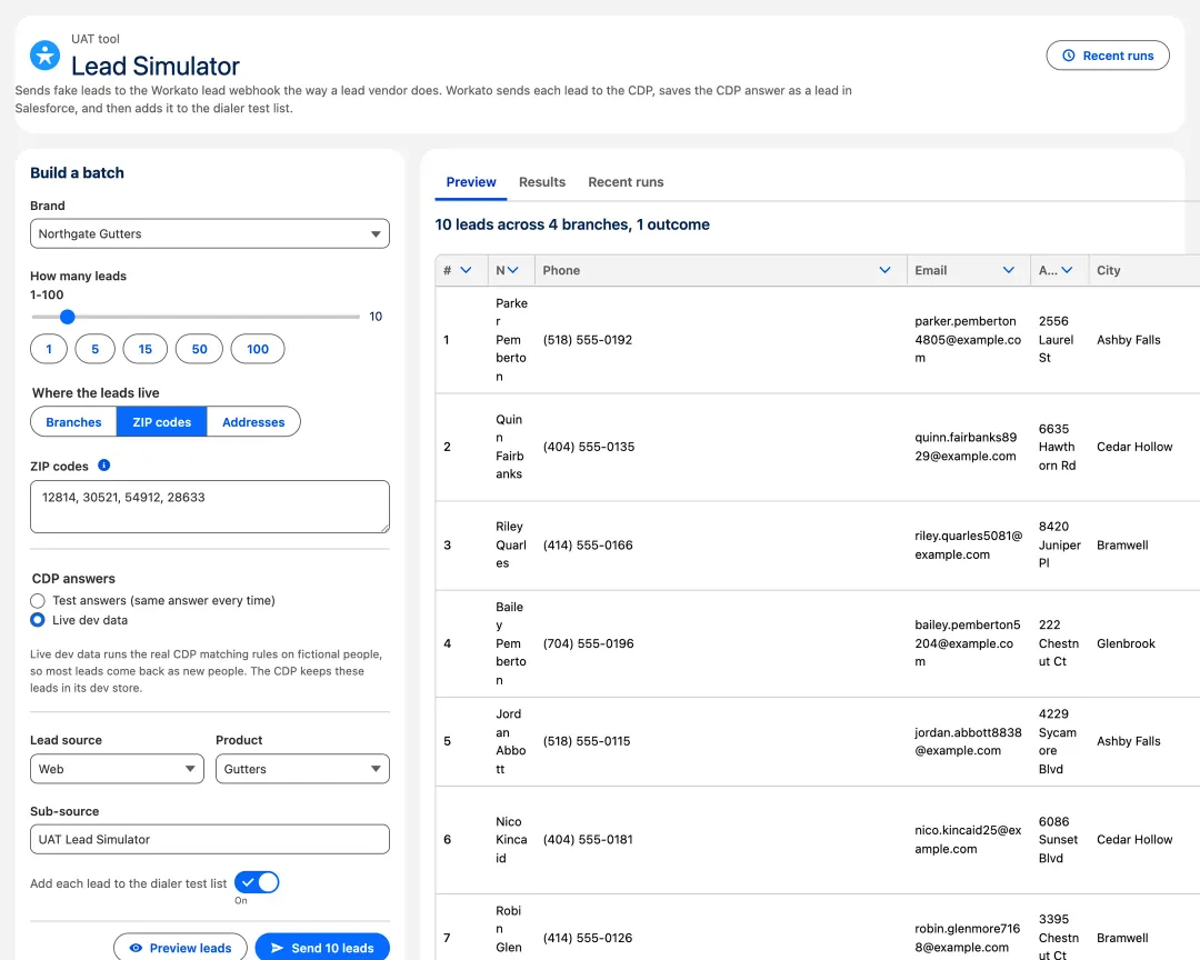 A batch built from typed ZIP codes against live data, where each lead's outcome is decided by the real platform.