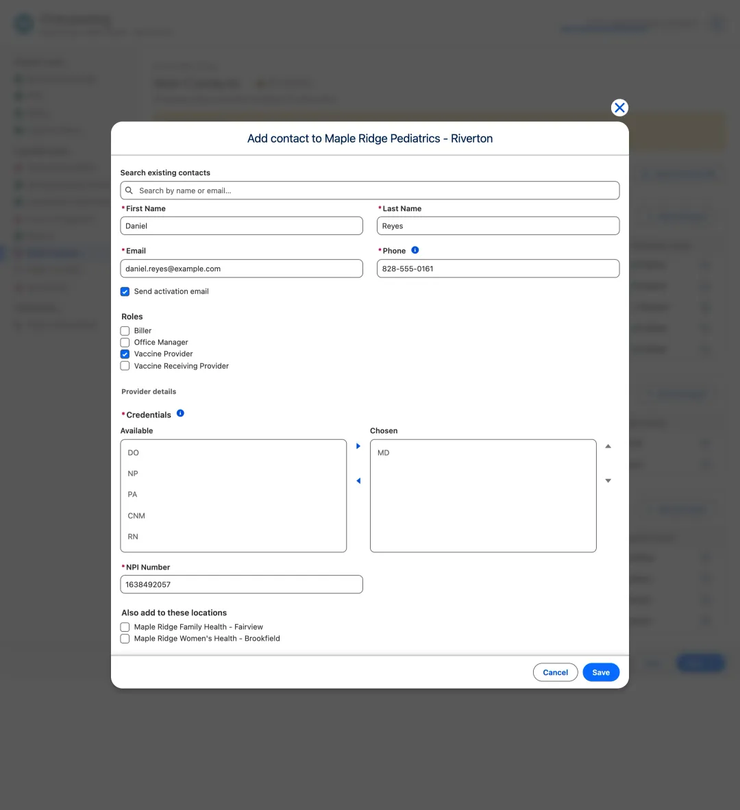Adding a contact to a clinic: roles, provider credentials and number, and an option to add the same person to other clinics.