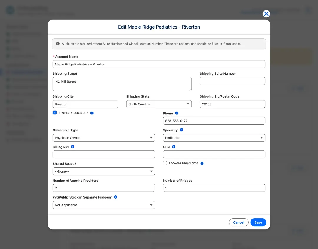 A pop-up for one clinic's address, ownership, specialty, billing number, shared space and provider counts, with two required fields still empty.