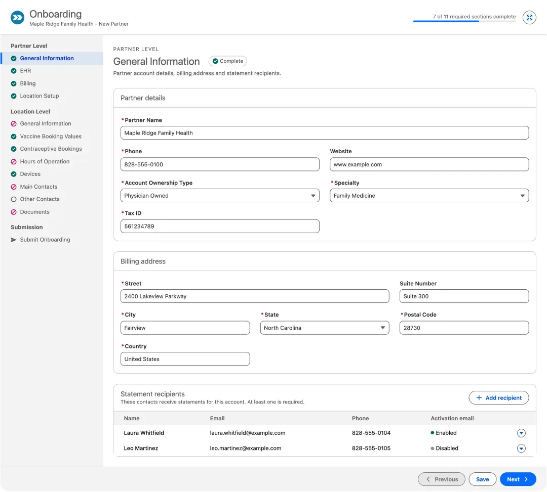 The workspace with its 13-section list, overall progress, and the practice's details, billing address and statement recipients.