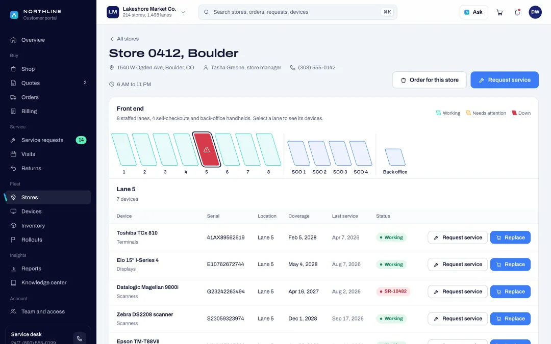 Store page with a lane map, one lane down, and the devices on that lane
