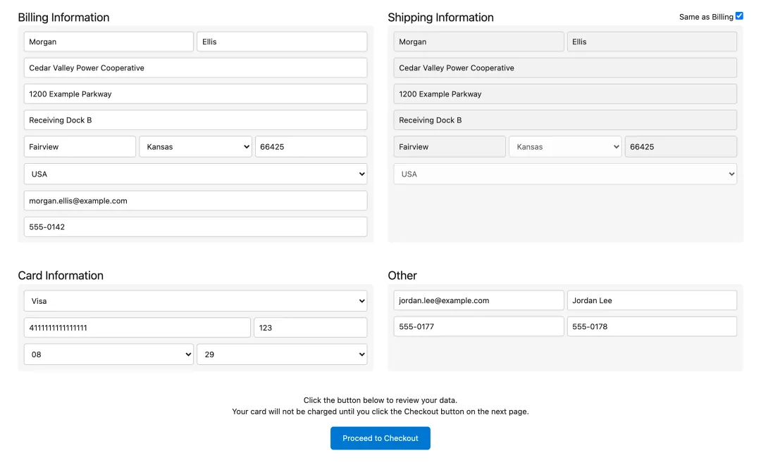 Billing, shipping and card details, with shipping copied from billing, before the customer reviews the order.
