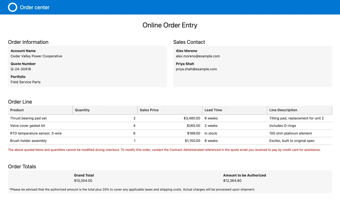 The public checkout page a customer opens from the quote email: account, quote number, contacts, order lines and the amount to authorize.