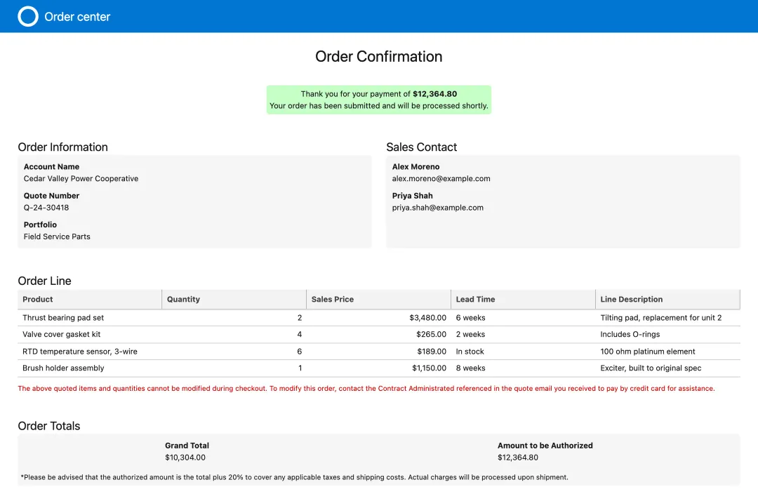 The confirmation after the card is authorized.