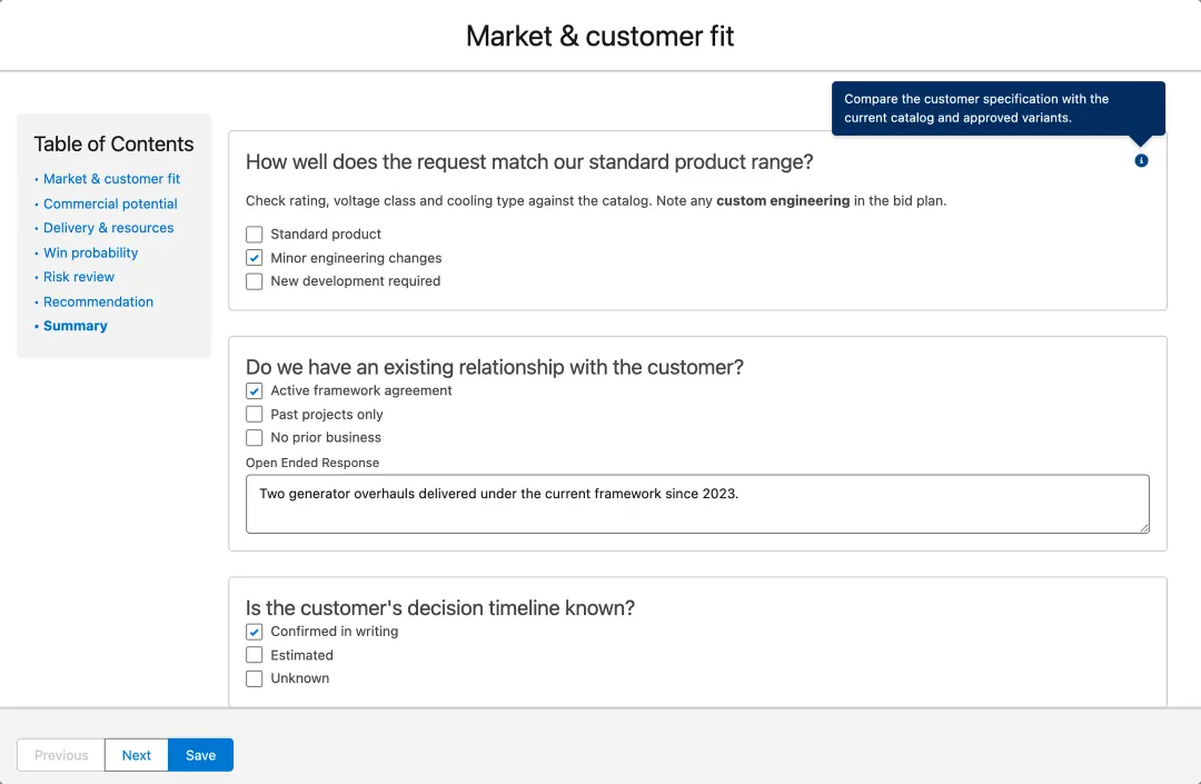 A bid go/no-go questionnaire: chapters down the left, scored single-choice questions, rich-text guidance and a help tip.