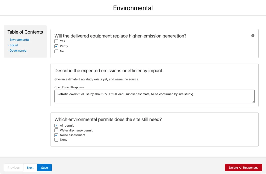 The same component set up as a three-chapter ESG questionnaire with open answers and no scoring, with no code changes.