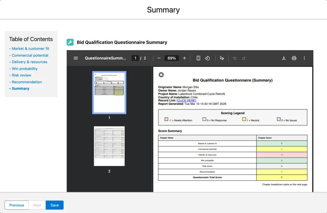 The summary step: a generated PDF with a color-coded score for each chapter and a total score.