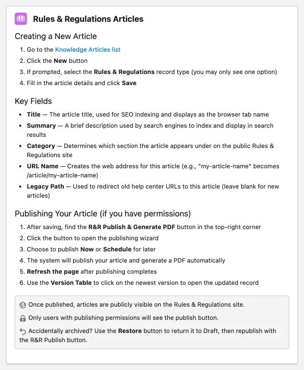 The help card on the staff side: how to create a rule, what each key field does, and how to publish now or on a schedule.