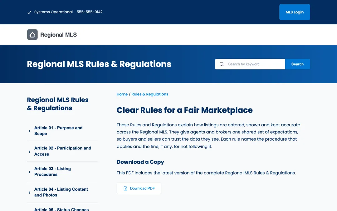 The public rules site: every rule section down the left, a keyword search, and a download of the full rulebook as a PDF.