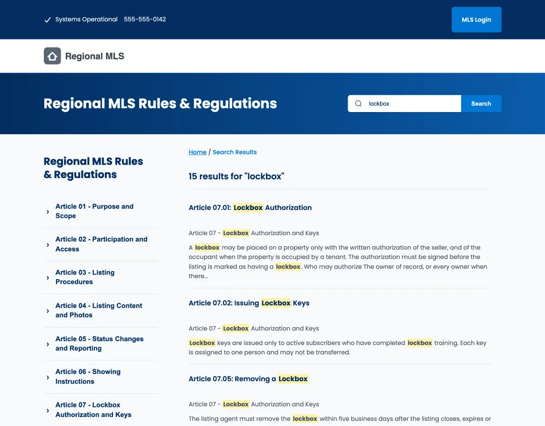 Full results for one keyword, ranked by relevance, each with its section and a highlighted excerpt.