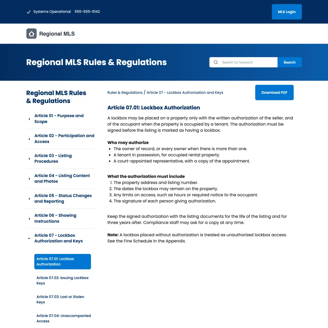 One rule on its own page, with its section open in the menu, the current rule highlighted and a PDF of just that rule.